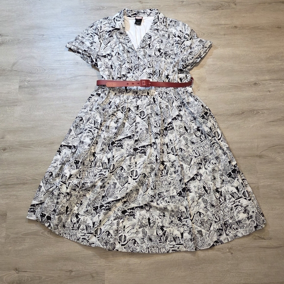 Torrid Marvel Skater Dress Black & White Comic Print Midi Dress Red Belt Size 18 - Picture 1 of 5